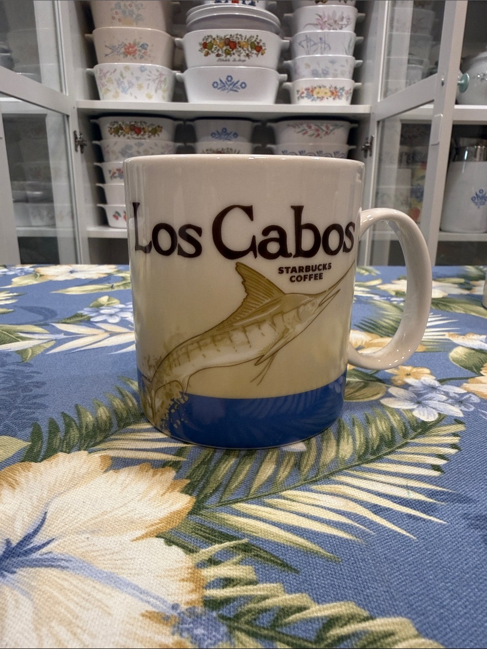 Starbucks Cream Mug with Blue and Green Accents